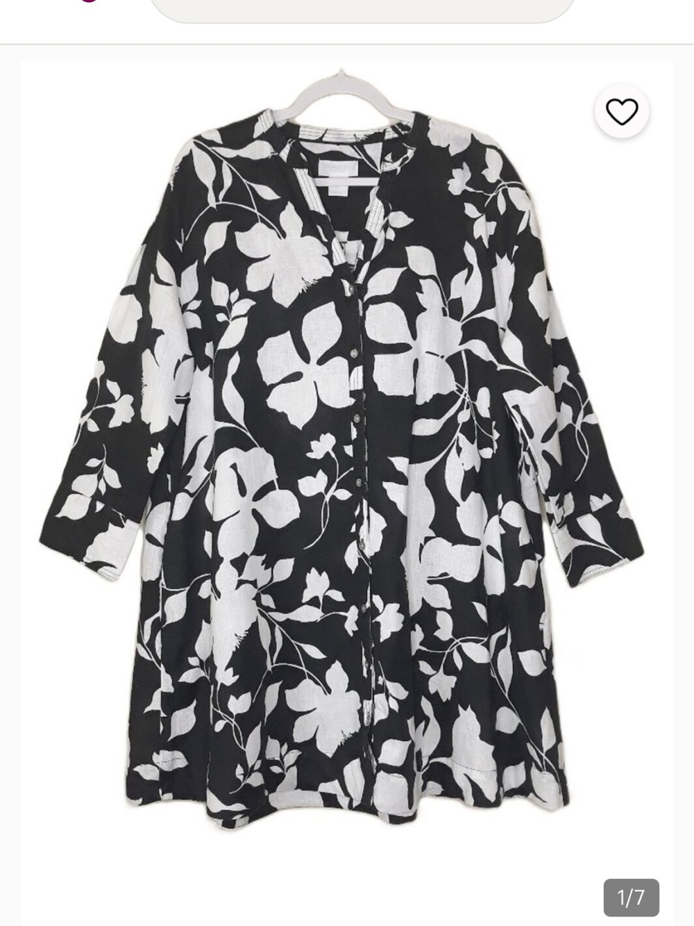 🩷 Cynthia Rowley Black and White Floral Long Sleeve Button-Front Dress Linen. M.